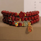 Fortune Jewel Cinnabar Fu Character Flower Gourd Triple Wrap Blessing Bracelet