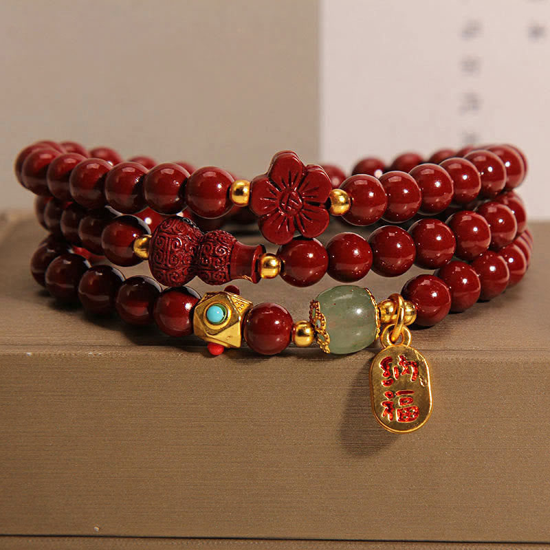 Fortune Jewel Cinnabar Fu Character Flower Gourd Triple Wrap Blessing Bracelet