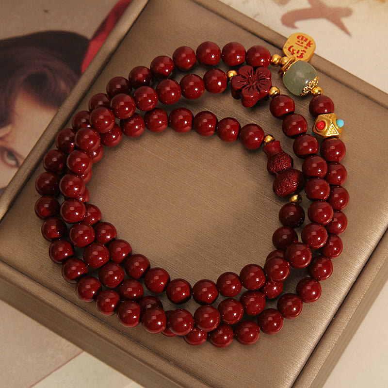 Fortune Jewel Cinnabar Fu Character Flower Gourd Triple Wrap Blessing Bracelet