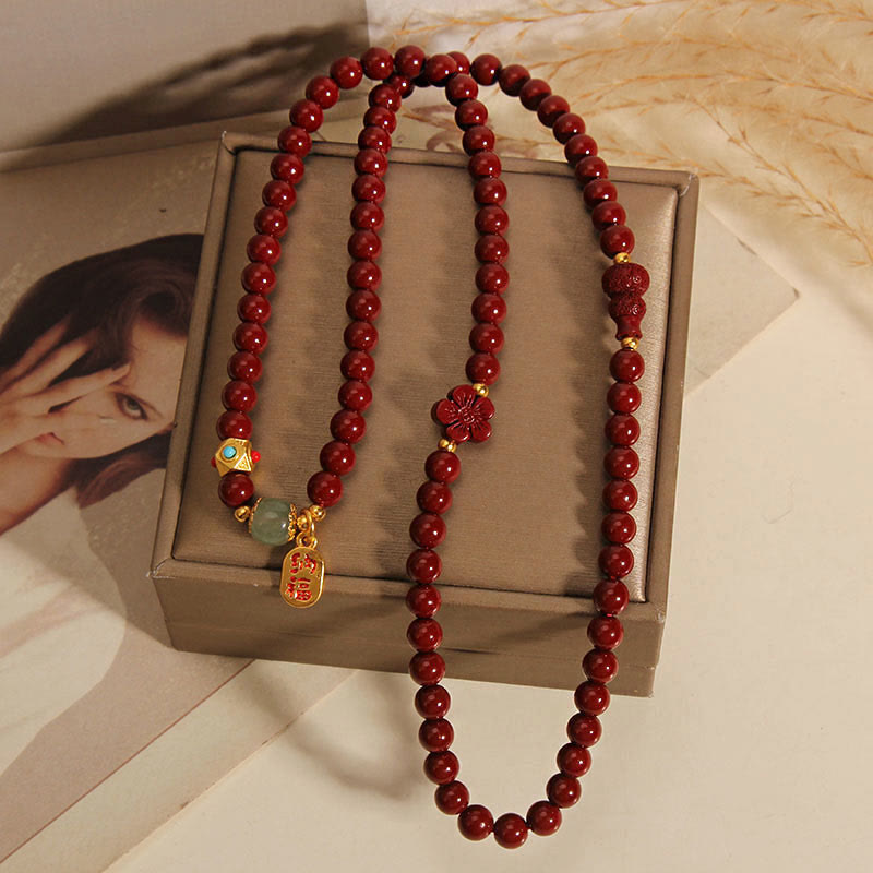 Fortune Jewel Cinnabar Fu Character Flower Gourd Triple Wrap Blessing Bracelet