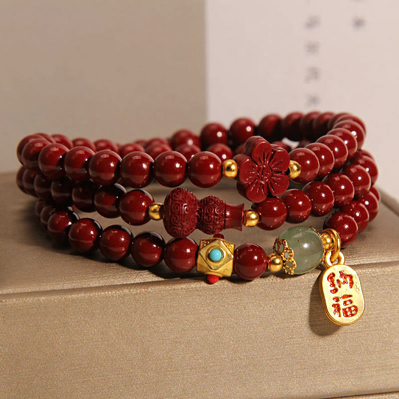 Fortune Jewel Cinnabar Fu Character Flower Gourd Triple Wrap Blessing Bracelet