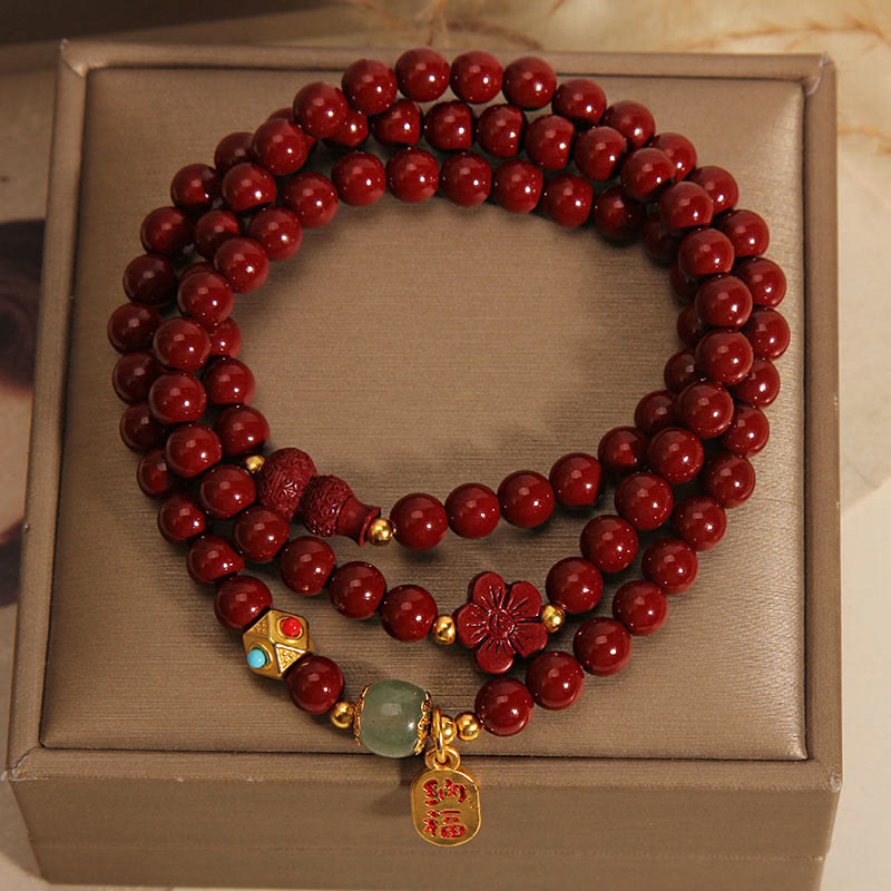 Fortune Jewel Cinnabar Fu Character Flower Gourd Triple Wrap Blessing Bracelet