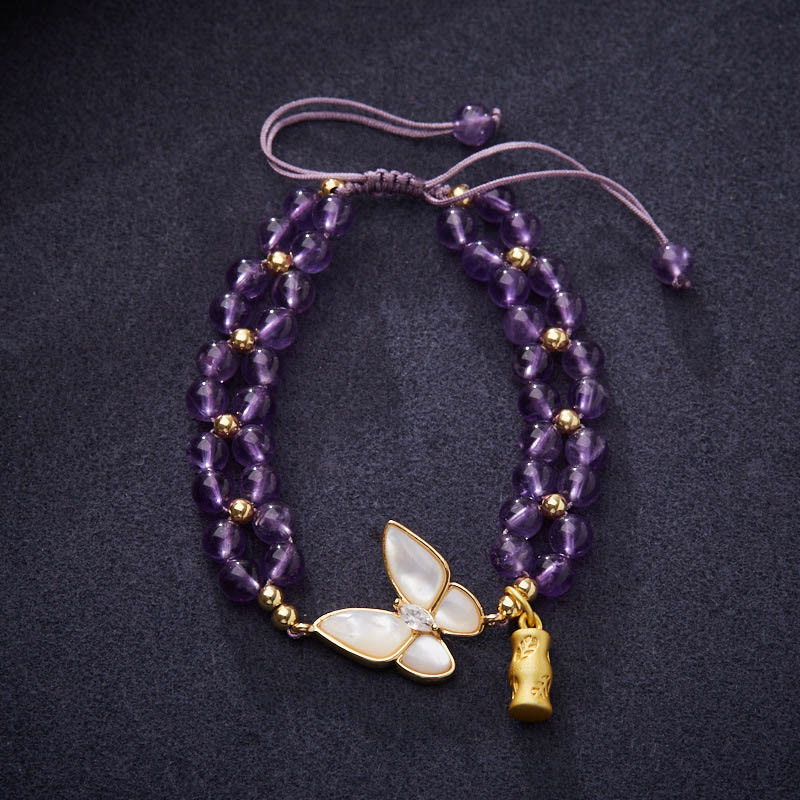Fortune Jewel Amethyst Butterfly Bamboo Balance Relieves Stress Braided String Bracelet