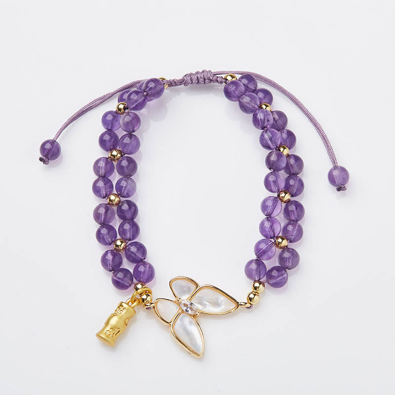 Fortune Jewel Amethyst Butterfly Bamboo Balance Relieves Stress Braided String Bracelet