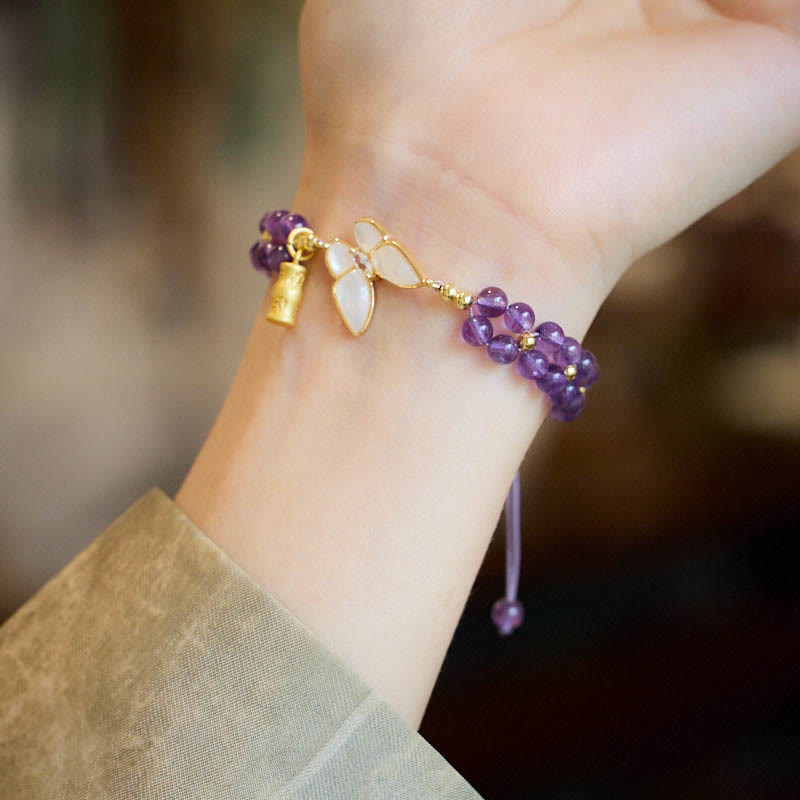 Fortune Jewel Amethyst Butterfly Bamboo Balance Relieves Stress Braided String Bracelet
