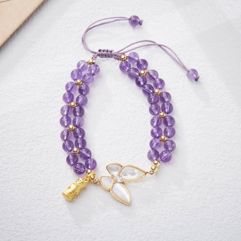 Fortune Jewel Amethyst Butterfly Bamboo Balance Relieves Stress Braided String Bracelet