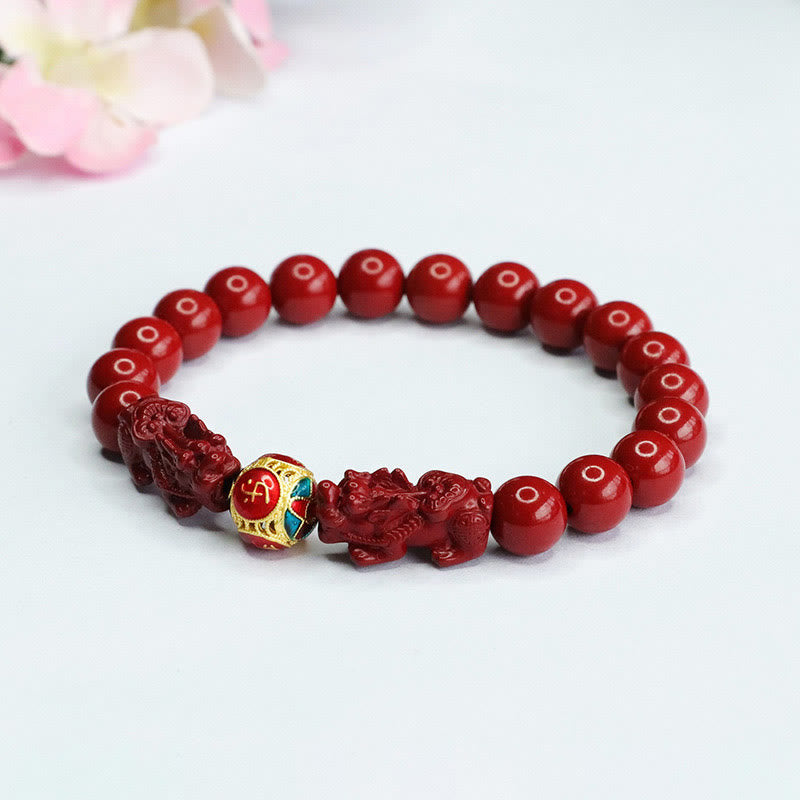 Fortune Jewel Cinnabar Double PIXIU Keep Away Evil Spirits Bracelet