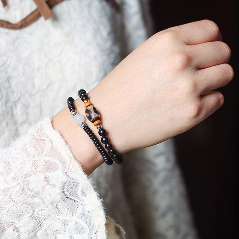 Fortune Jewel Ebony Sandalwood Green Sandalwood Dzi Bead Balance Calm Double Wrap Bracelet