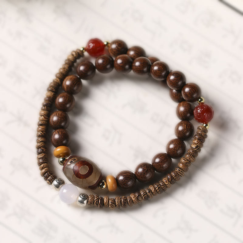 Fortune Jewel Ebony Sandalwood Green Sandalwood Dzi Bead Balance Calm Double Wrap Bracelet