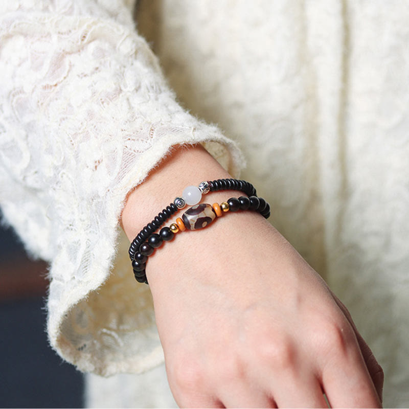 Fortune Jewel Ebony Sandalwood Green Sandalwood Dzi Bead Balance Calm Double Wrap Bracelet