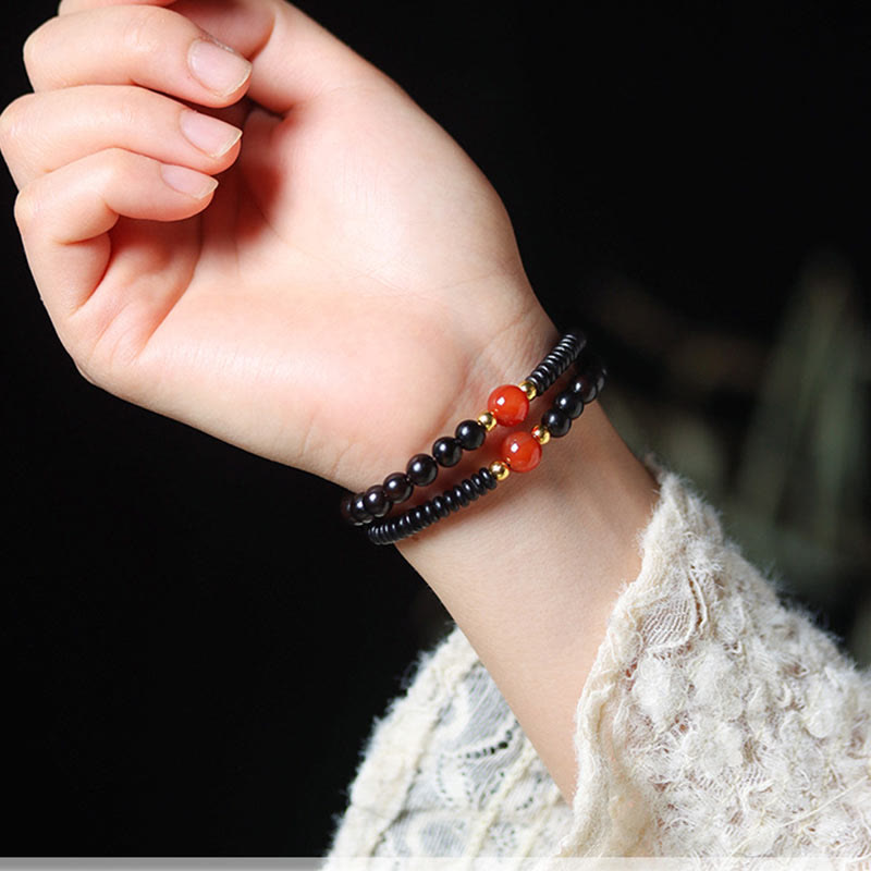 Fortune Jewel Ebony Sandalwood Green Sandalwood Dzi Bead Balance Calm Double Wrap Bracelet