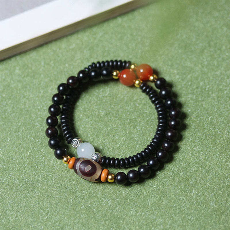 Fortune Jewel Ebony Sandalwood Green Sandalwood Dzi Bead Balance Calm Double Wrap Bracelet