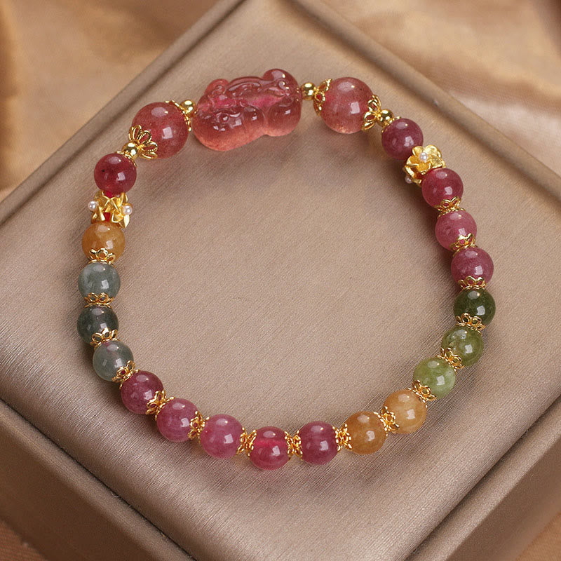Fortune Jewel Tourmaline Strawberry Quartz Pink Crystal PIXIU Love Bracelet