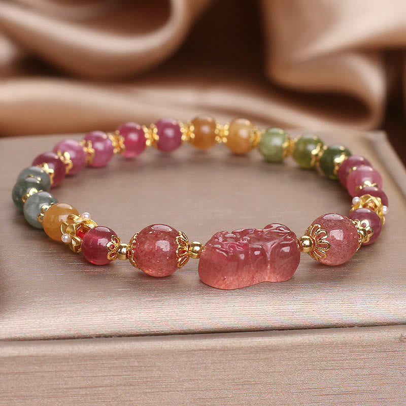 Fortune Jewel Tourmaline Strawberry Quartz Pink Crystal PIXIU Love Bracelet