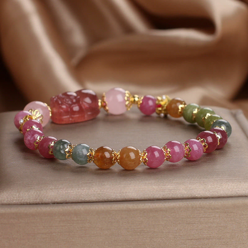 Fortune Jewel Tourmaline Strawberry Quartz Pink Crystal PIXIU Love Bracelet
