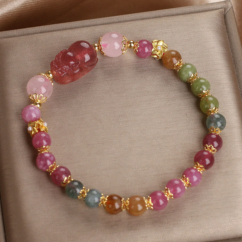 Fortune Jewel Tourmaline Strawberry Quartz Pink Crystal PIXIU Love Bracelet