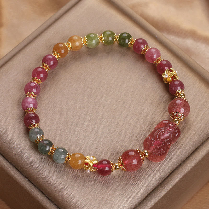 Fortune Jewel Tourmaline Strawberry Quartz Pink Crystal PIXIU Love Bracelet