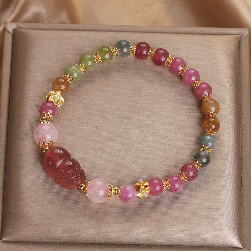 Fortune Jewel Tourmaline Strawberry Quartz Pink Crystal PIXIU Love Bracelet