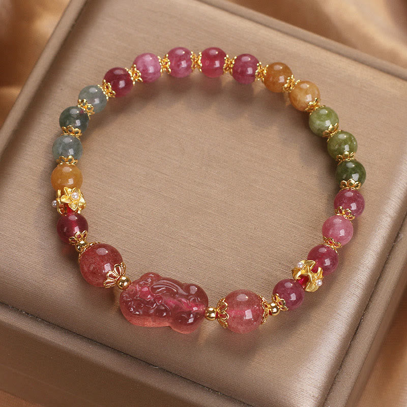 Fortune Jewel Tourmaline Strawberry Quartz Pink Crystal PIXIU Love Bracelet