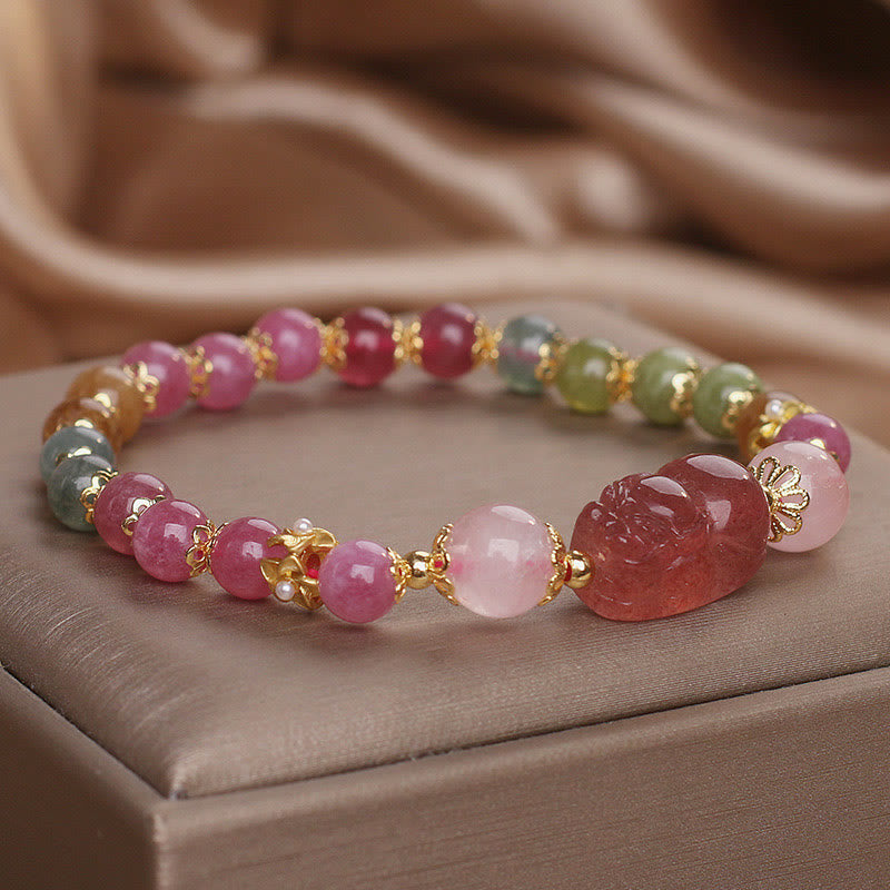 Fortune Jewel Tourmaline Strawberry Quartz Pink Crystal PIXIU Love Bracelet