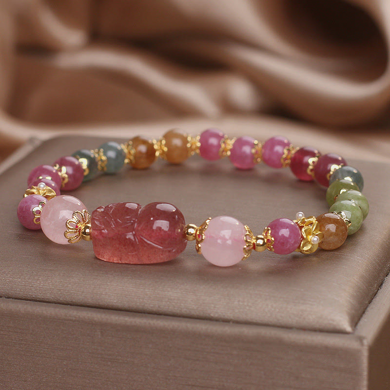 Fortune Jewel Tourmaline Strawberry Quartz Pink Crystal PIXIU Love Bracelet