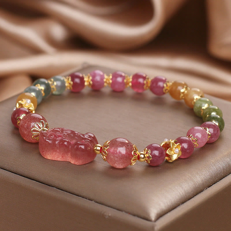 Fortune Jewel Tourmaline Strawberry Quartz Pink Crystal PIXIU Love Bracelet