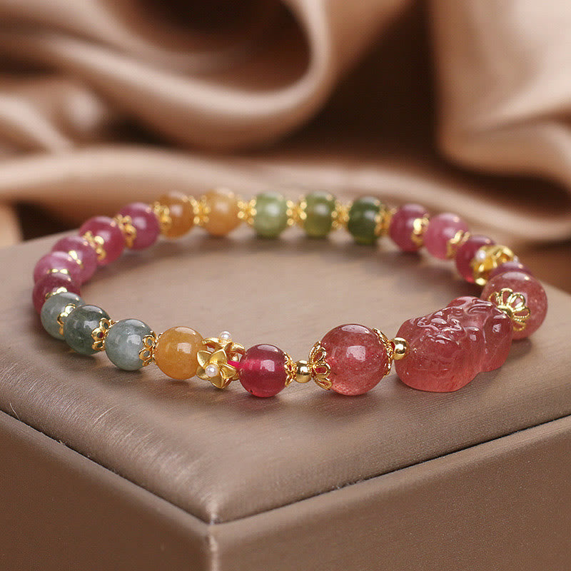 Fortune Jewel Tourmaline Strawberry Quartz Pink Crystal PIXIU Love Bracelet