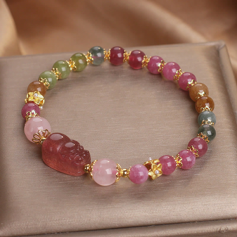Fortune Jewel Tourmaline Strawberry Quartz Pink Crystal PIXIU Love Bracelet