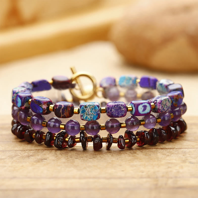 Fortune Jewel Amethyst Garnet Emperor Stone Communication Triple Wrap Bracelet