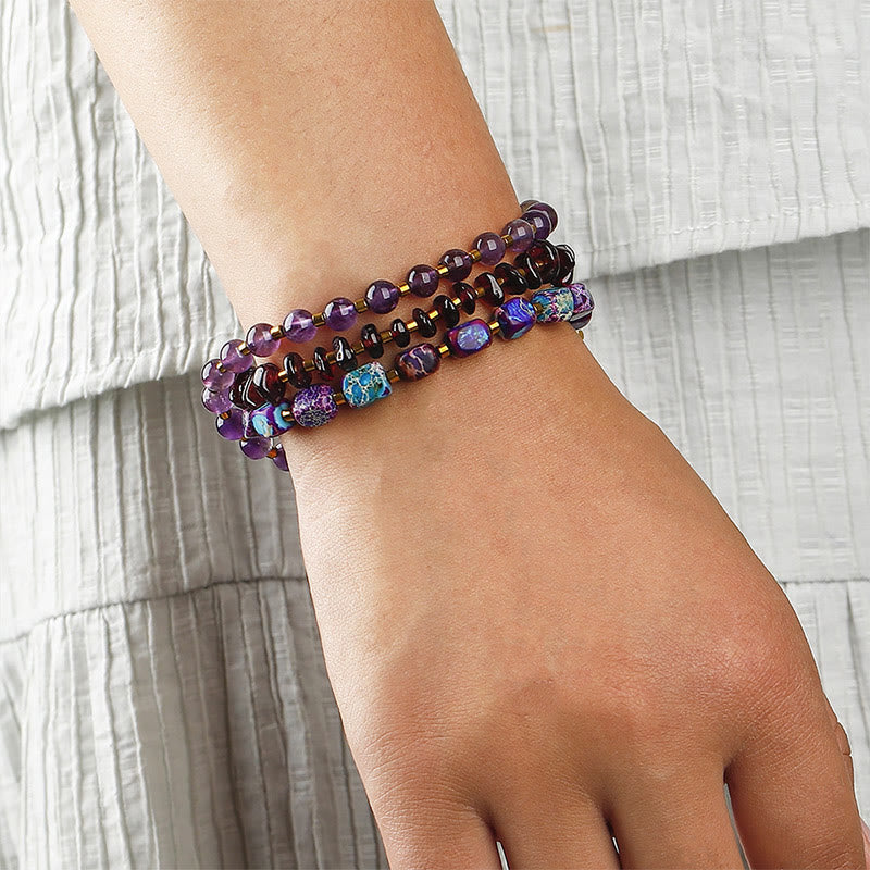 Fortune Jewel Amethyst Garnet Emperor Stone Communication Triple Wrap Bracelet