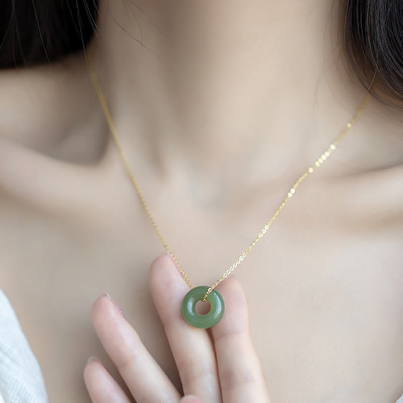 Fortune Jewel 925 Sterling Silver Plated Gold Hetian Jade Peace Buckle Necklace Pendant