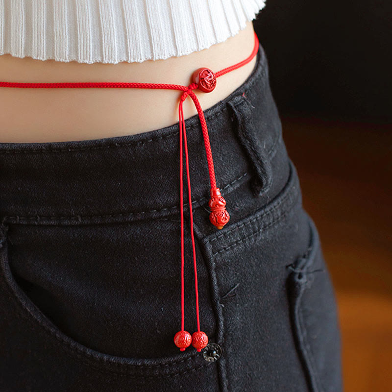Fortune Jewel Natural Cinnabar Chinese Zodiac Gourd Calm Blessing Red String Belly Chain