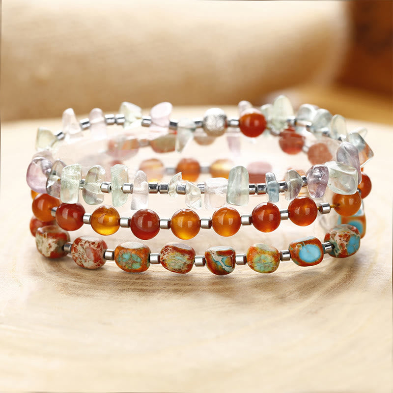 Fortune Jewel Fluorite Red Agate Emperor Stone Power Triple Wrap Bracelet
