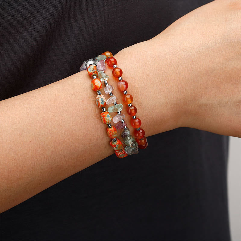 Fortune Jewel Fluorite Red Agate Emperor Stone Power Triple Wrap Bracelet