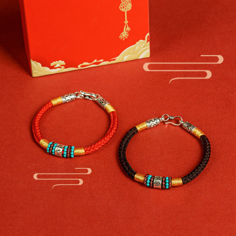 Fortune Jewel Red String Black String Six True Words 925 Sterling Silver Connection Bracelet