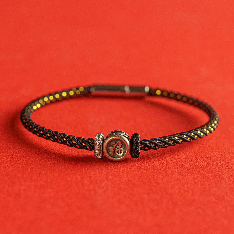 Fortune Jewel Braided String 925 Sterling Silver Fu Character Faith Bracelet