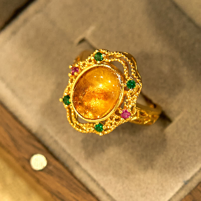 Fortune Jewel Flower Amber Hollow Lace Confidence Adjustable Ring