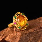 Fortune Jewel Flower Amber Hollow Lace Confidence Adjustable Ring