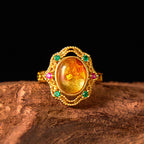 Fortune Jewel Flower Amber Hollow Lace Confidence Adjustable Ring