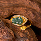 Fortune Jewel Copper Plated Gold Natural Jade Leaf Prosperity Adjustable Ring