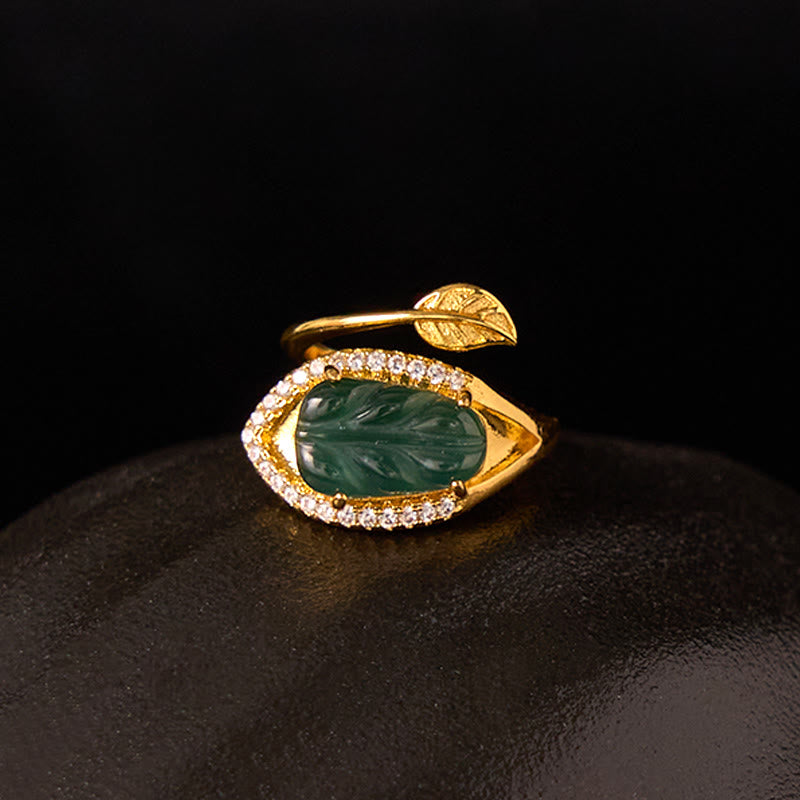 Fortune Jewel Copper Plated Gold Natural Jade Leaf Prosperity Adjustable Ring