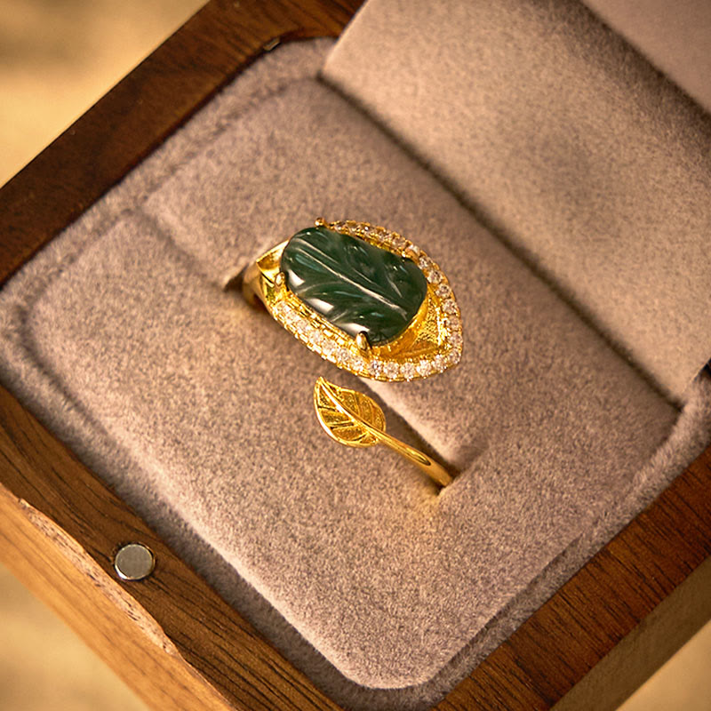 Fortune Jewel Copper Plated Gold Natural Jade Leaf Prosperity Adjustable Ring