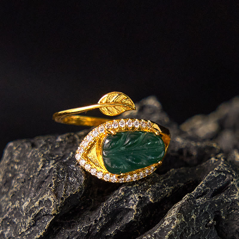 Fortune Jewel Copper Plated Gold Natural Jade Leaf Prosperity Adjustable Ring