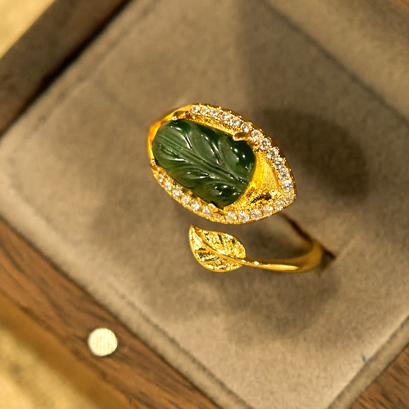 Fortune Jewel Copper Plated Gold Natural Jade Leaf Prosperity Adjustable Ring