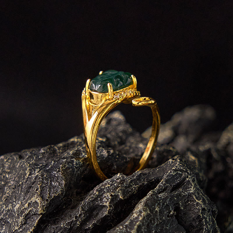 Fortune Jewel Copper Plated Gold Natural Jade Leaf Prosperity Adjustable Ring