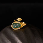 Fortune Jewel Copper Plated Gold Natural Jade Leaf Prosperity Adjustable Ring