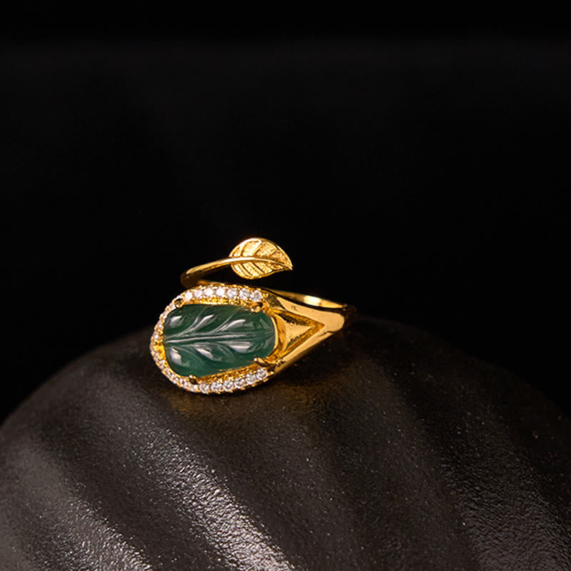 Fortune Jewel Copper Plated Gold Natural Jade Leaf Prosperity Adjustable Ring