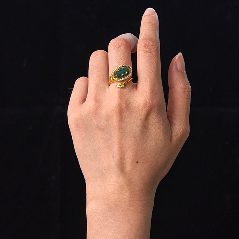 Fortune Jewel Copper Plated Gold Natural Jade Leaf Prosperity Adjustable Ring