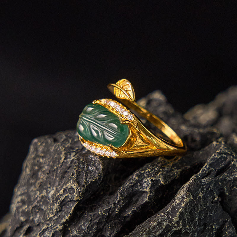 Fortune Jewel Copper Plated Gold Natural Jade Leaf Prosperity Adjustable Ring