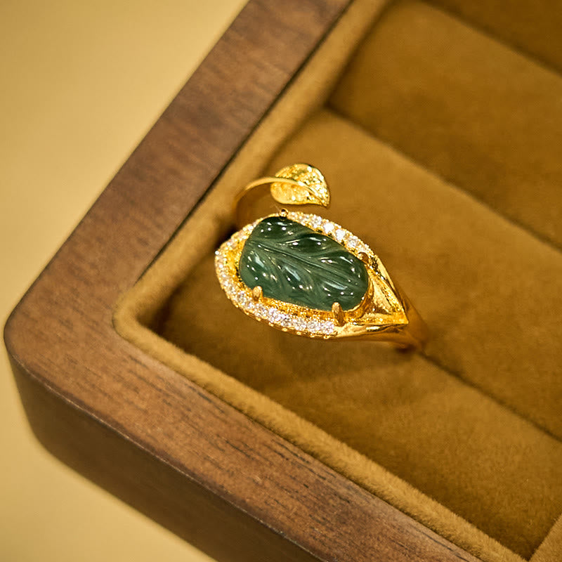Fortune Jewel Copper Plated Gold Natural Jade Leaf Prosperity Adjustable Ring